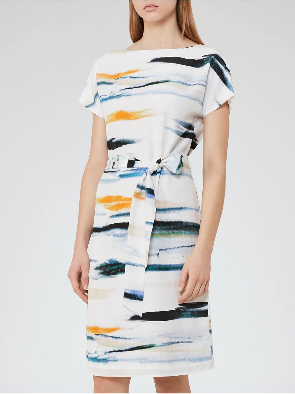 REISS Alba Multi Waist Tie Dress size 8 silk watercolor print